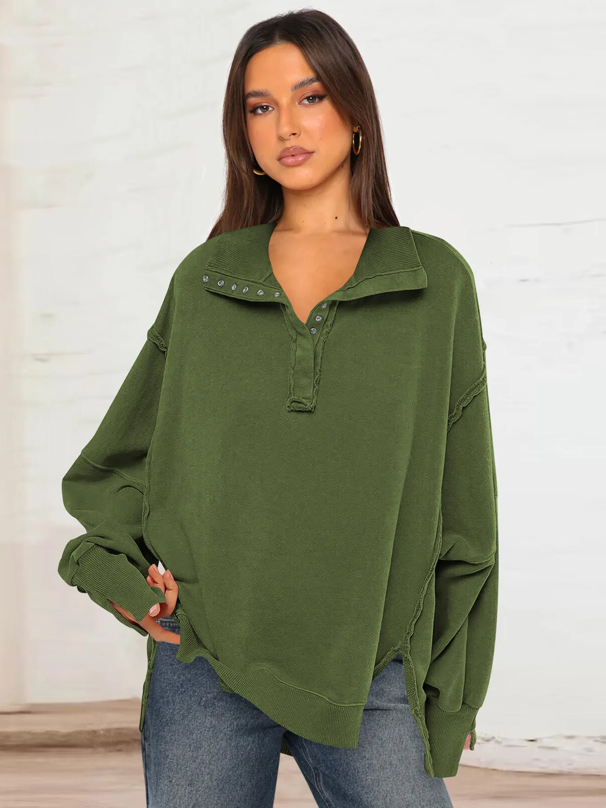 Variantenbild für Damen-Sweatshirt, dicker Pullover mit Knöpfen, 100% Baumwolle-5