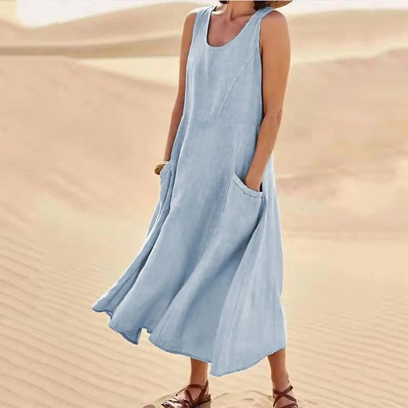 Damen-Kleines Leinenkleid mit Taschen, atmungsaktiv, Loose Fit 16
