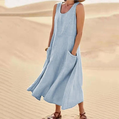 Damen-Kleines Leinenkleid mit Taschen, atmungsaktiv, Loose Fit 16