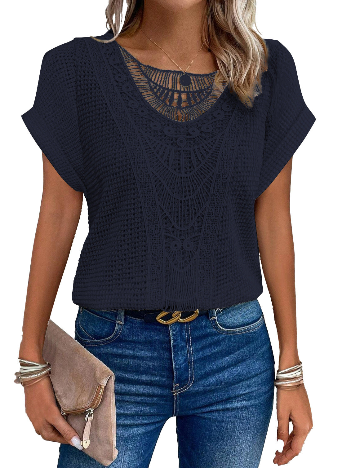 Damen-T-Shirt, Spitzendetails, Baumwollmix, kurze Ärmel 4