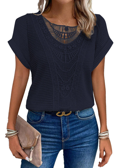 Damen-T-Shirt, Spitzendetails, Baumwollmix, kurze Ärmel 4