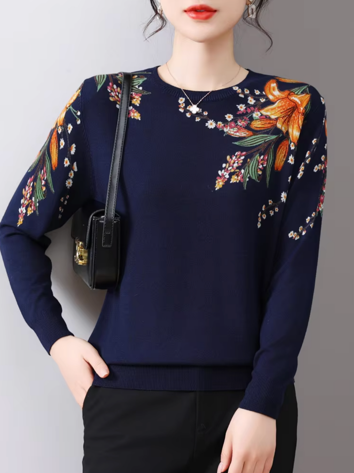 Damen-Pullover, Blumenmotiv Slim Fit Baumwolle, lange Ärmel-2