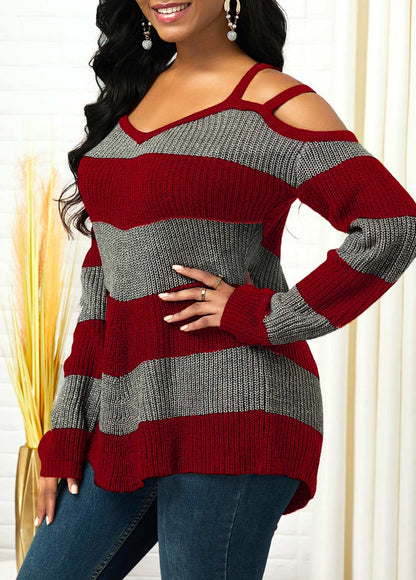 Damen-Strickpullover, kalte Schulter, Farbblock-Design, weiches Material-6