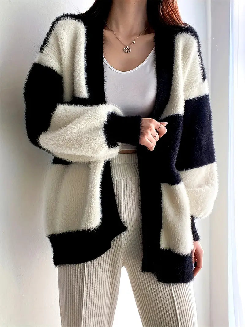 Damen-Lange Strickjacke, Farbblock, Design, Weiches Material-2