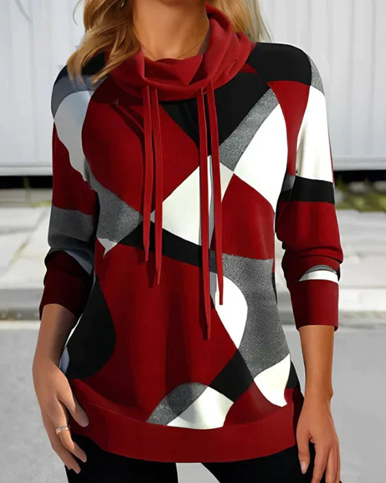Damen-Kapuzenpullover Hoher Kragen Weiche Mischung Kontrastmaterial-1
