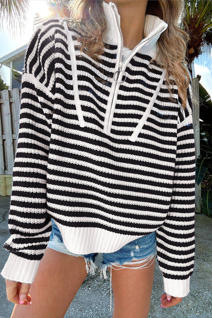 Variantenbild für Damenpullover mit Reißverschluss, gestreift, aus 100% Baumwolle, mit überschnittenen Schultern-9