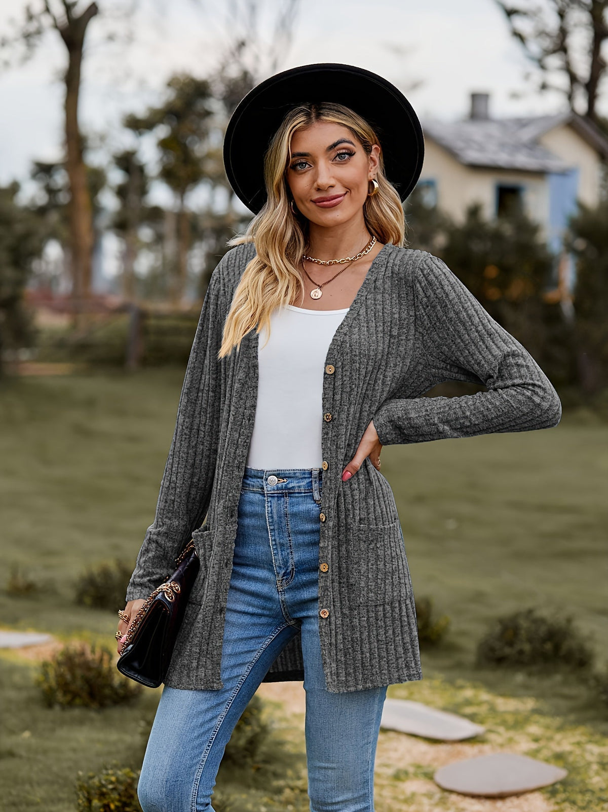 Variant image for Damen-gestrickter Cardigan, gerippt, Baumwolle, langärmelig, lässig-13