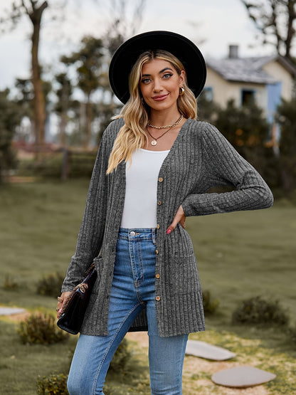 Variant image for Damen-gestrickter Cardigan, gerippt, Baumwolle, langärmelig, lässig-13