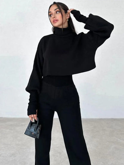 Damen-Rollkragen, Ensemble, kuschelige Hose und Top, weiche Mischung-1
