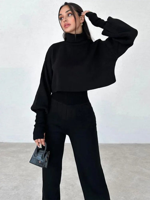 Damen-Rollkragen, Ensemble, kuschelige Hose und Top, weiche Mischung-1