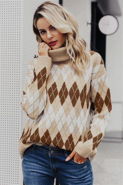 Damen-Strickpullover mit geometrischem Muster, Rollkragen, Polyester und Acryl-3