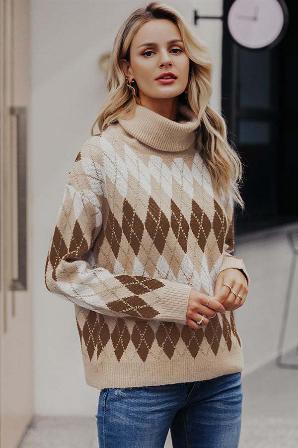 Damen-Strickpullover mit geometrischem Muster, Rollkragen, Polyester und Acryl-1