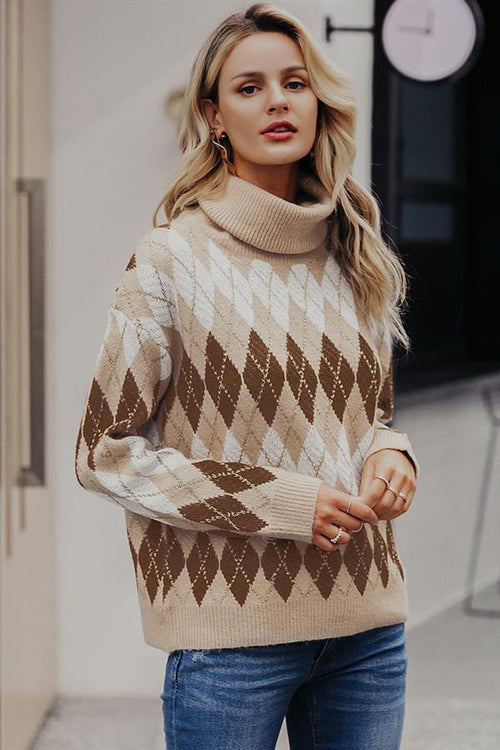 Damen-Strickpullover mit geometrischem Muster, Rollkragen, Polyester und Acryl-1