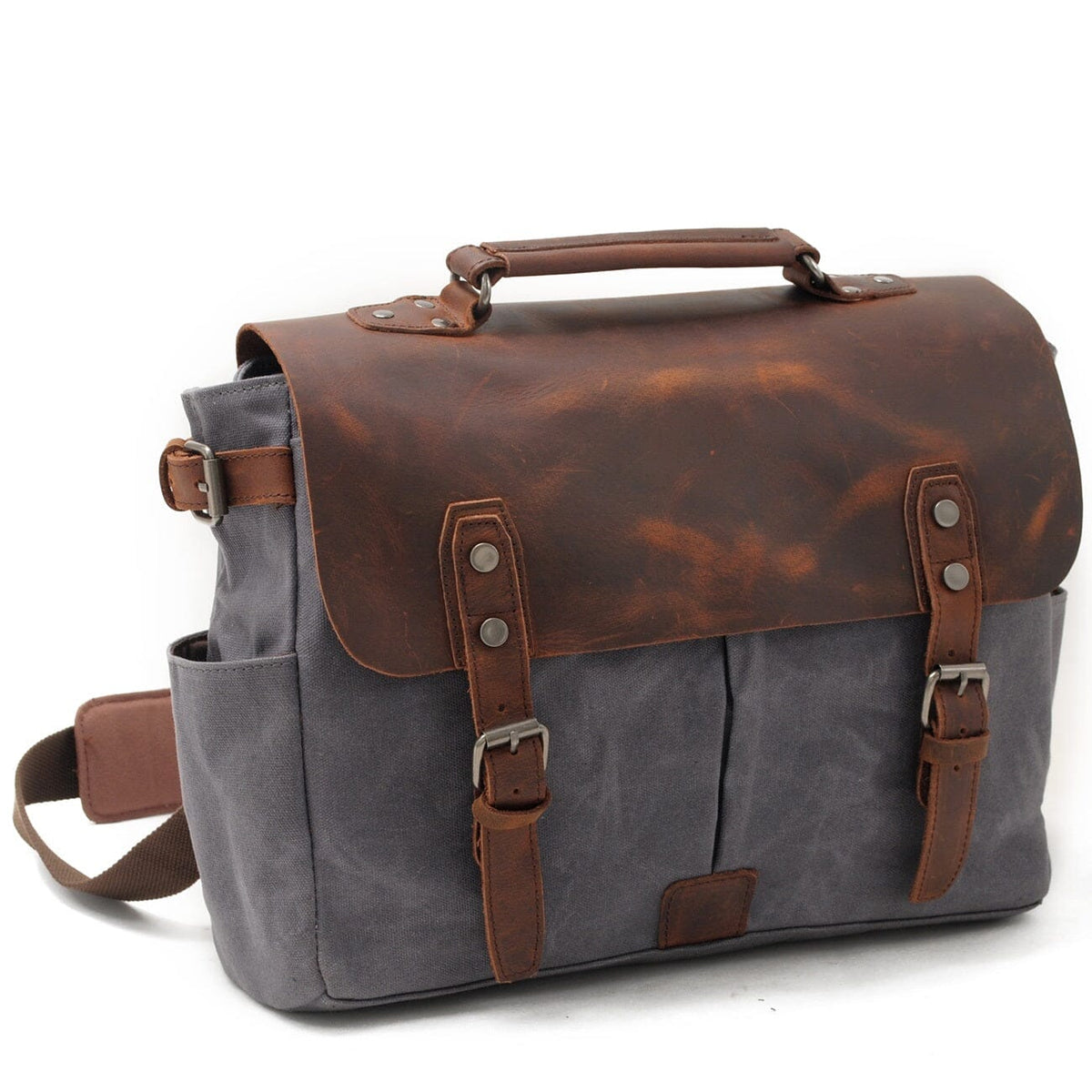 Unisex-Schultertasche, Vintage-inspiriert, gewachste Baumwolle und Leder-5
