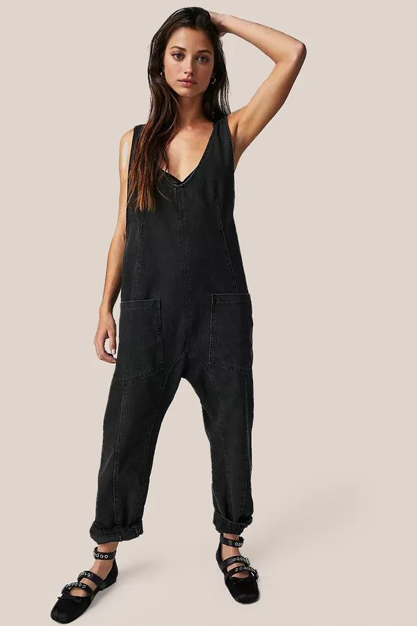 Variant image for Damen-Overall, tiefer U-Ausschnitt, weite Hosenbeine, hochwertiger Denim-6