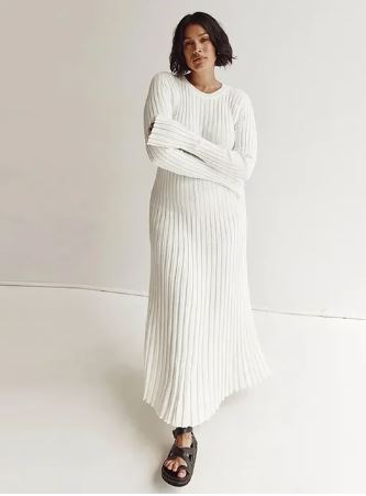 Damen-Maxikleid, Geripptes Design, Weicher Elastischer Mix-4
