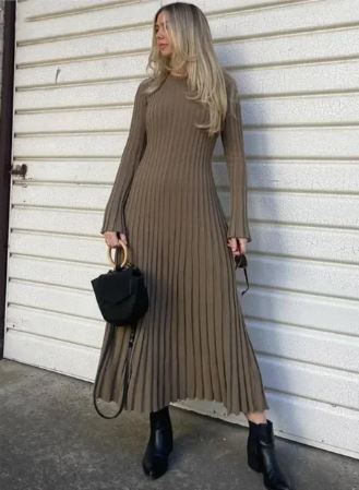 Damen-Maxikleid, Geripptes Design, Weicher Elastischer Mix-2