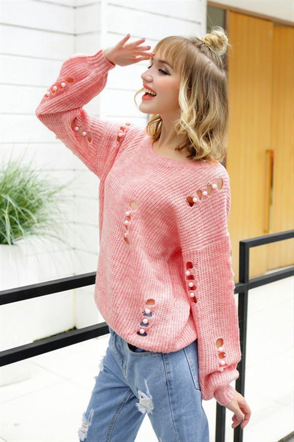 Damen-Pullover, Casual, Polyester mit Löchern und Perlen-6