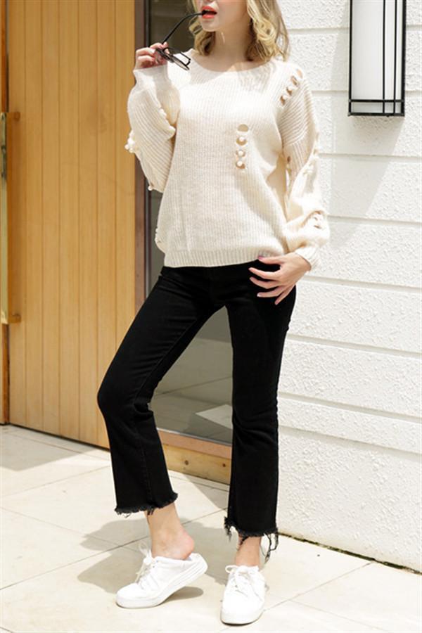 Damen-Pullover, Casual, Polyester mit Löchern und Perlen-3