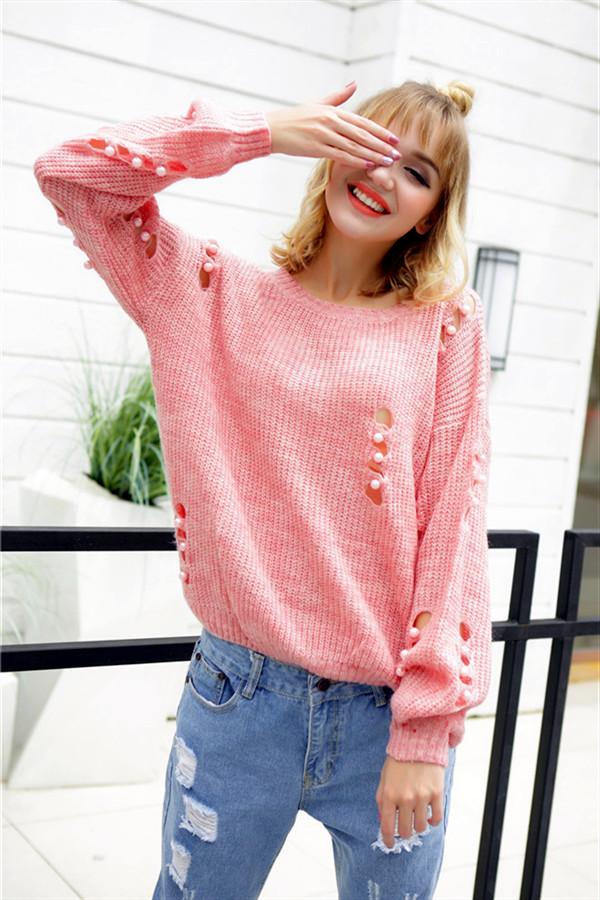 Damen-Pullover, Casual, Polyester mit Löchern und Perlen-5