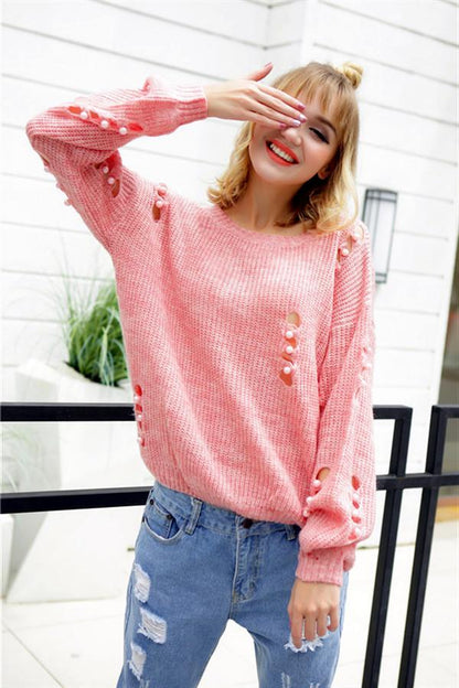 Damen-Pullover, Casual, Polyester mit Löchern und Perlen-5