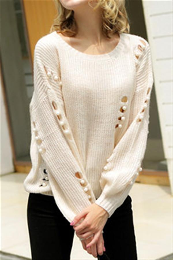 Damen-Pullover, Casual, Polyester mit Löchern und Perlen-2