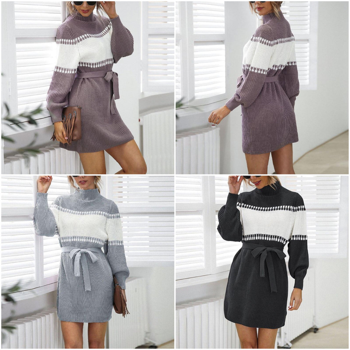 Damen-langärmeliges Kleid, figurbetonte Baumwolle, Polyester-5