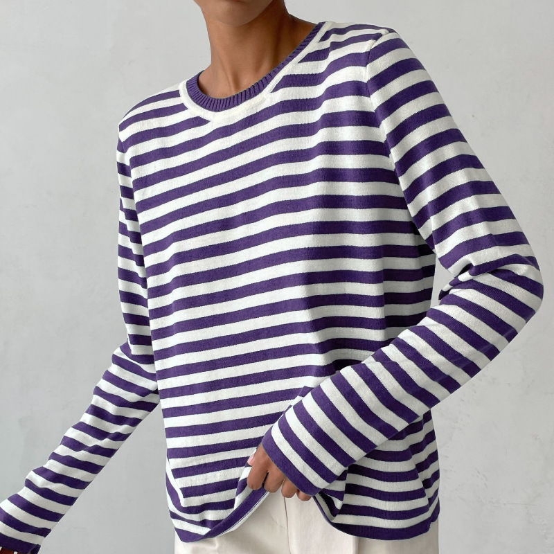 Gestreiftes Damen-Langarmshirt aus weicher Viskosemischung – Klassischer runder Halsausschnitt, perfekt für Alltag und Party 13