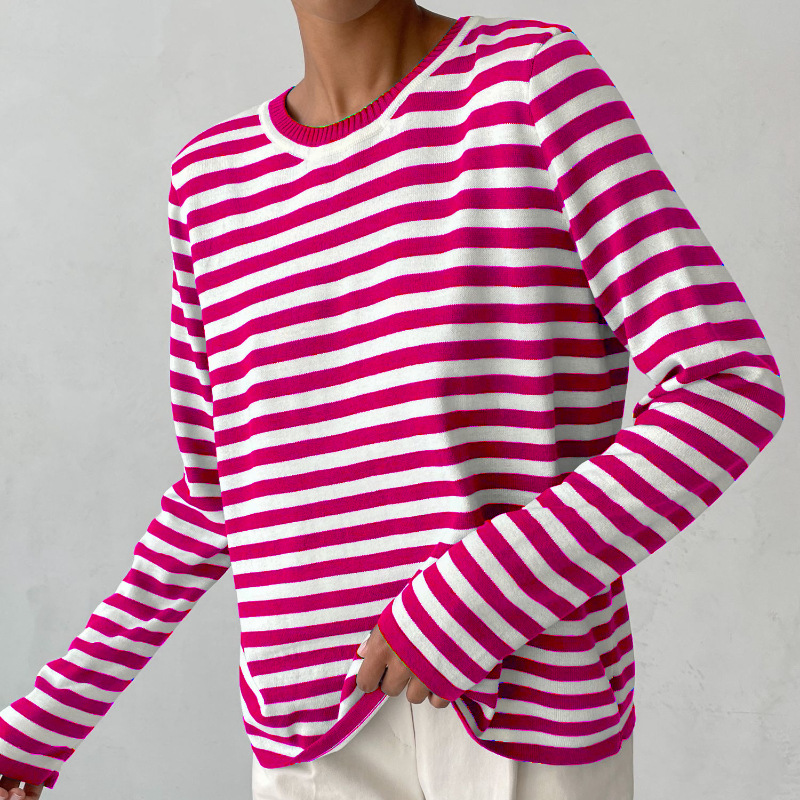 Gestreiftes Damen-Langarmshirt aus weicher Viskosemischung – Klassischer runder Halsausschnitt, perfekt für Alltag und Party 12