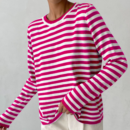 Gestreiftes Damen-Langarmshirt aus weicher Viskosemischung – Klassischer runder Halsausschnitt, perfekt für Alltag und Party 12