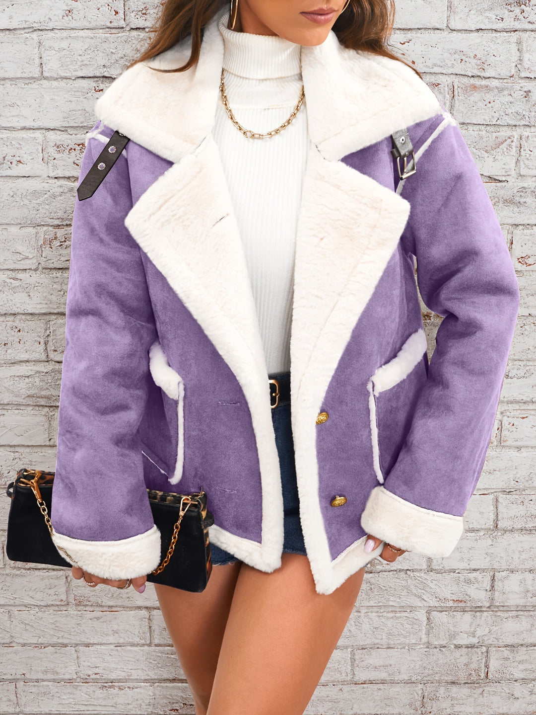 Winterjacke Damen Plüsch mit Kunstpelzkragen Langarm-6
