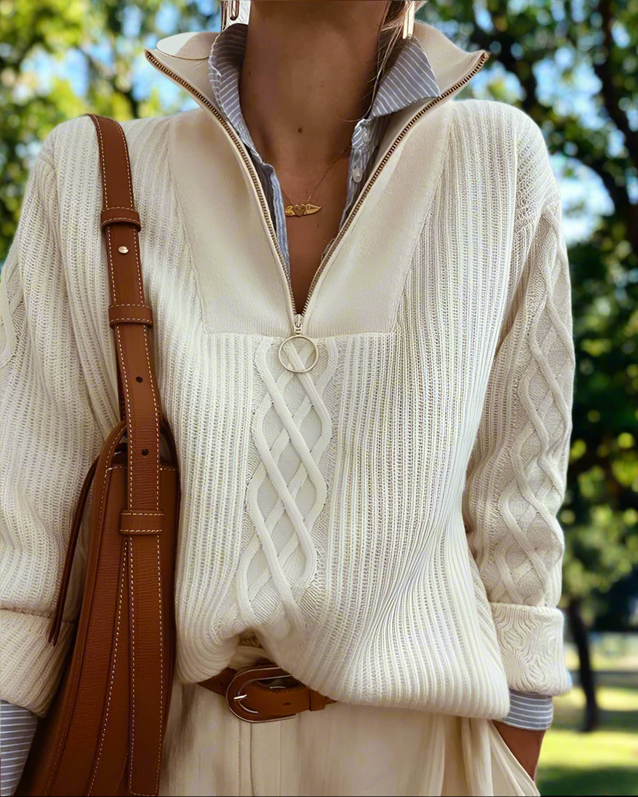 Damen-Strickpullover, Zopfstrick, mit Reißverschluss-2