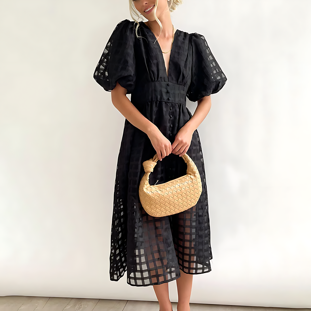 Damen-Midikleid, Puffärmel, Retro, Muster, hochwertiger Stoff-2