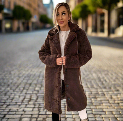 Damen-Lange Winterjacke, Flauschiger Revers, Weicher Stoff-4