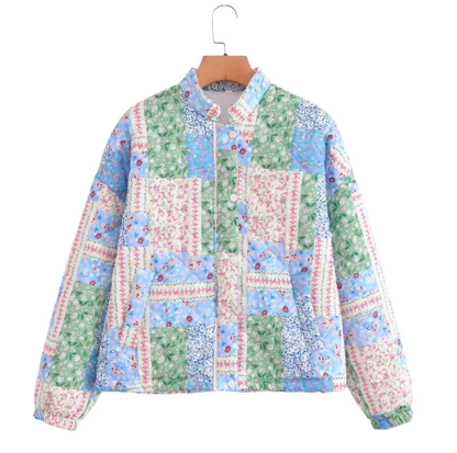 Damen-geblümte Jacke, gesteppte Baumwollmischung-1
