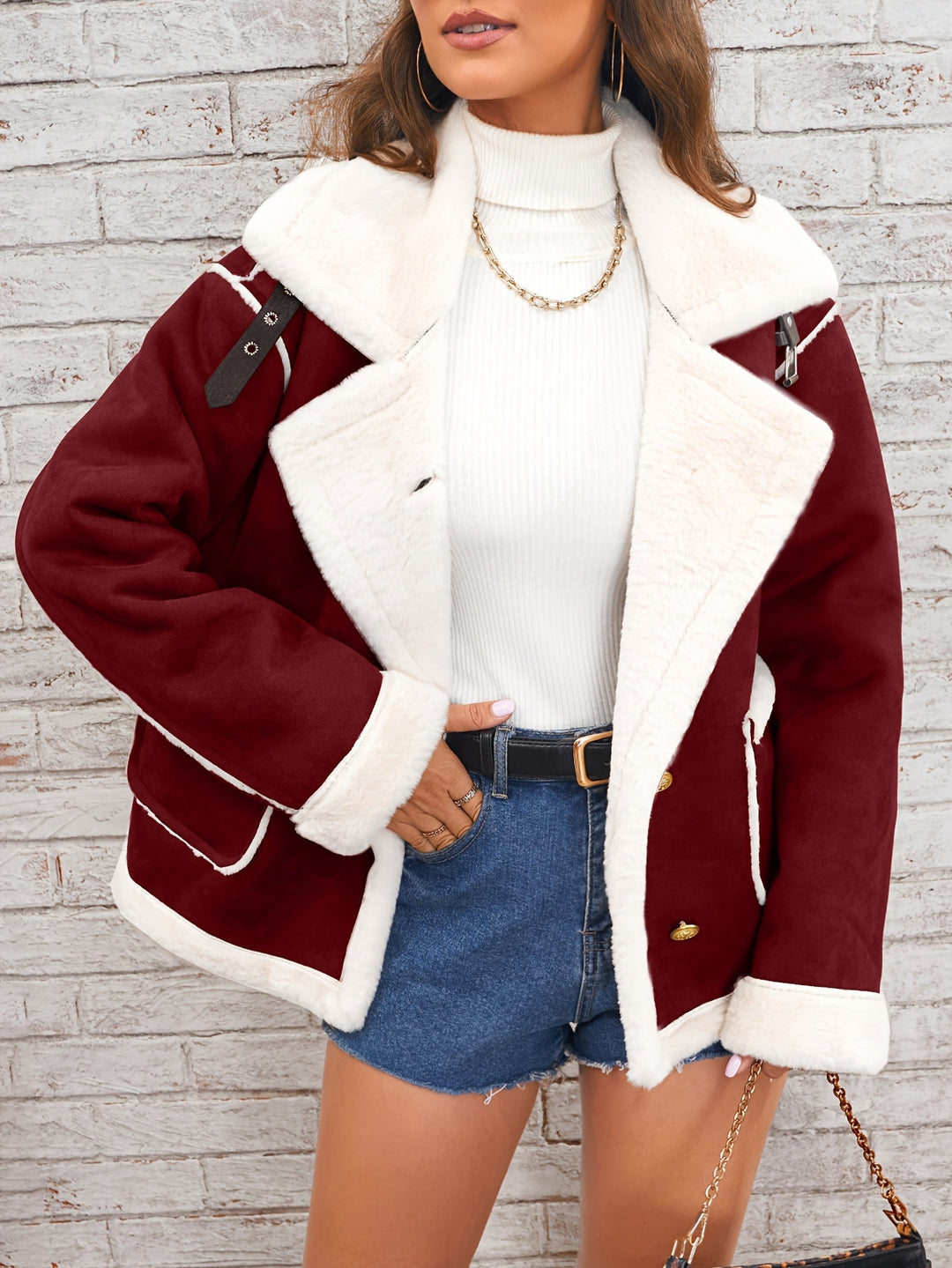 Winterjacke Damen Plüsch mit Kunstpelzkragen Langarm-4