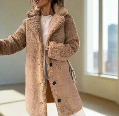 Damen-Lange Winterjacke, Flauschiger Revers, Weicher Stoff-2