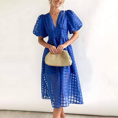 Damen-Midikleid, Puffärmel, Retro, Muster, hochwertiger Stoff-5