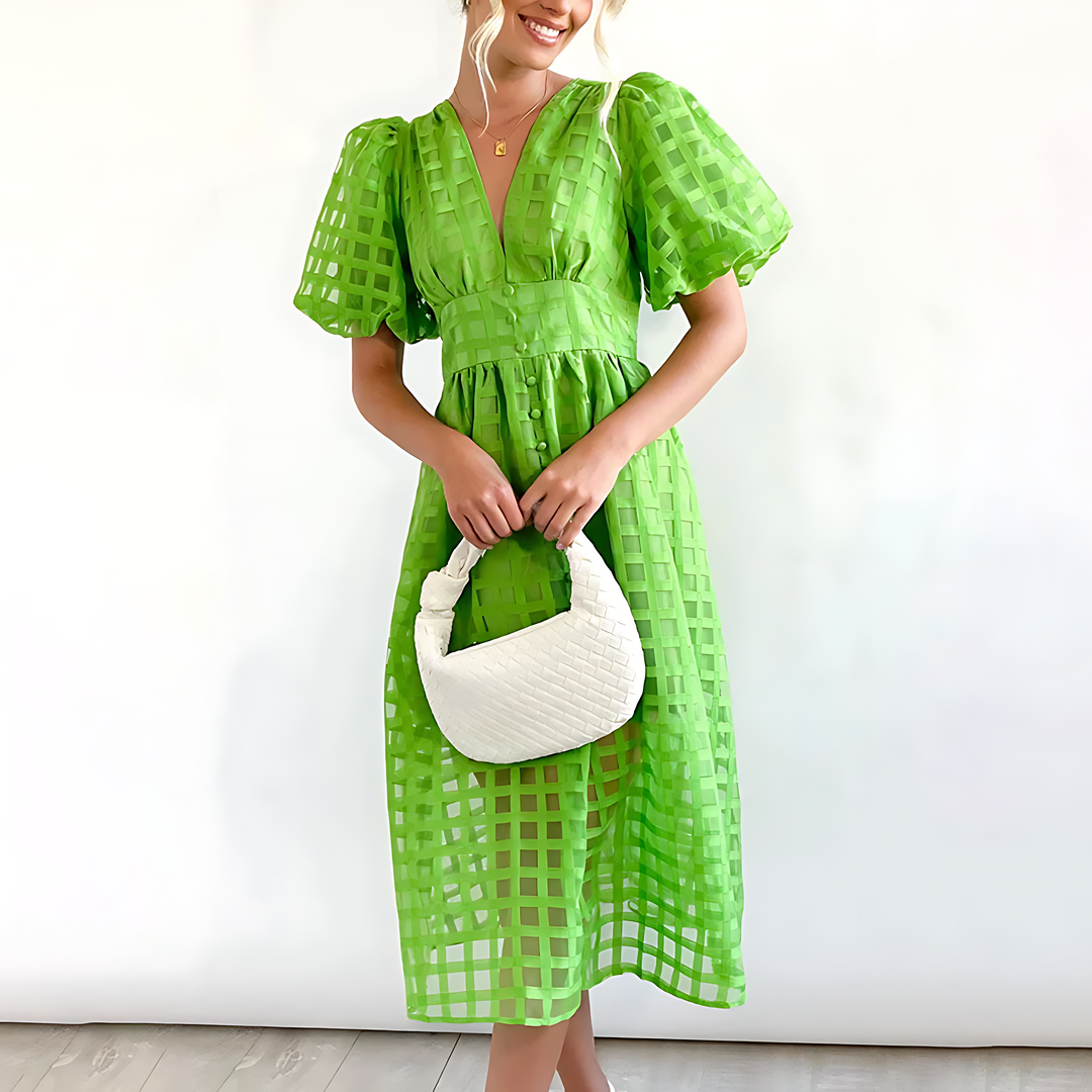 Variant image for Damen-Midikleid, Puffärmel, Retro, Muster, hochwertiger Stoff-25