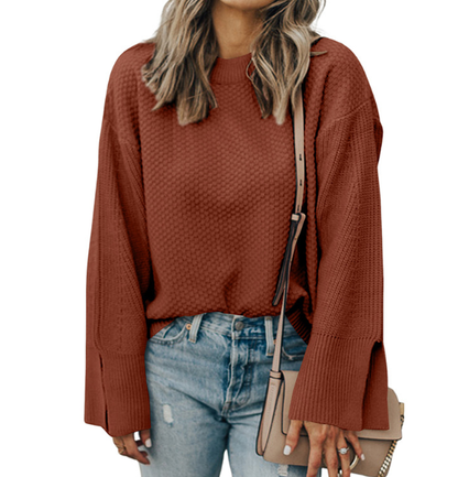 Damen-Strickpullover aus Viskose mit langen Ärmeln, lässigem Schnitt und Rundhalsausschnitt – monochromes Muster für Herbst und Winter 5