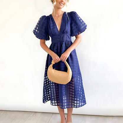 Variant image for Damen-Midikleid, Puffärmel, Retro, Muster, hochwertiger Stoff-21