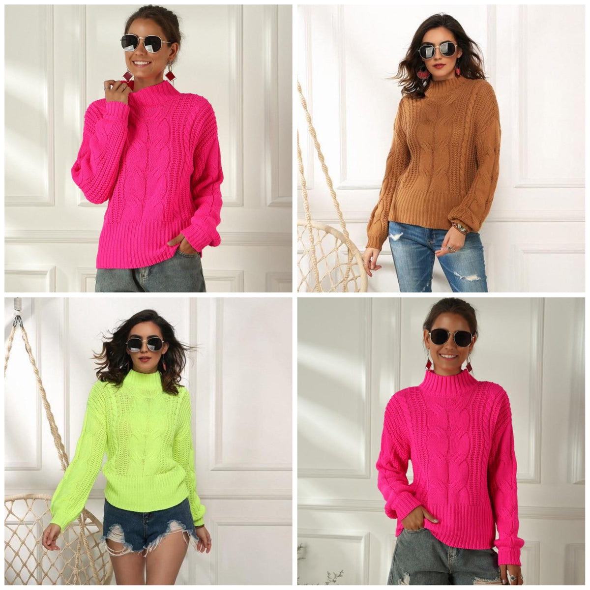 Damen-Strickpullover, lässig mit Stehkragen und weiten Ärmeln-3