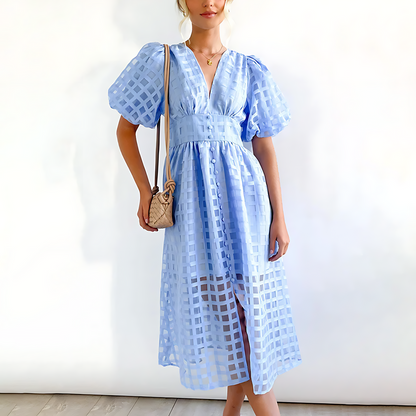 Variant image for Damen-Midikleid, Puffärmel, Retro, Muster, hochwertiger Stoff-13