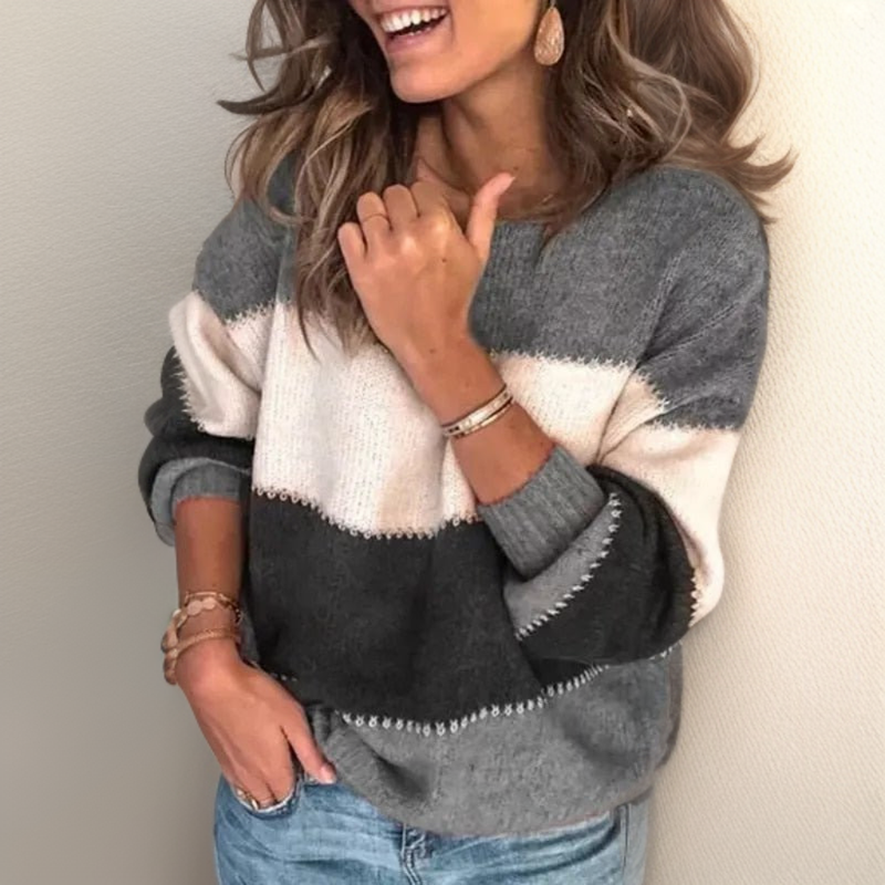 Damen-Oversized-Pullover, gestrickt, grau, gestreift 12