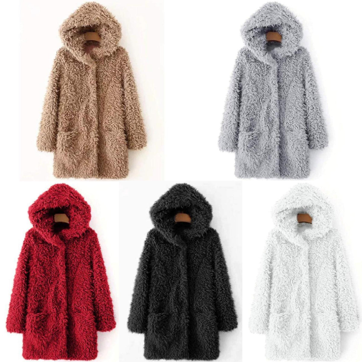 Damen Wintermantel Teddy Fleece mit Kapuze Elegante Taille-6