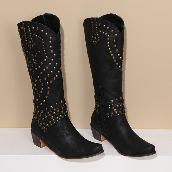 Damenstiefel, hoch, Chunky Absatz, synthetisches Material, mit metallischen Nieten-6