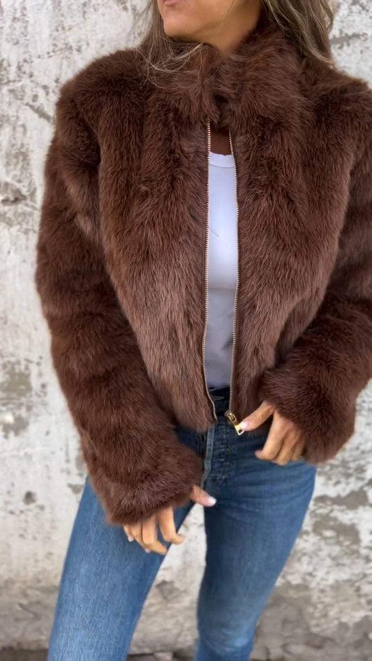 Damenjacke Kunstfell Hoher Kragen Synthetisch Elegante Jacke für Alltag und Feier-1