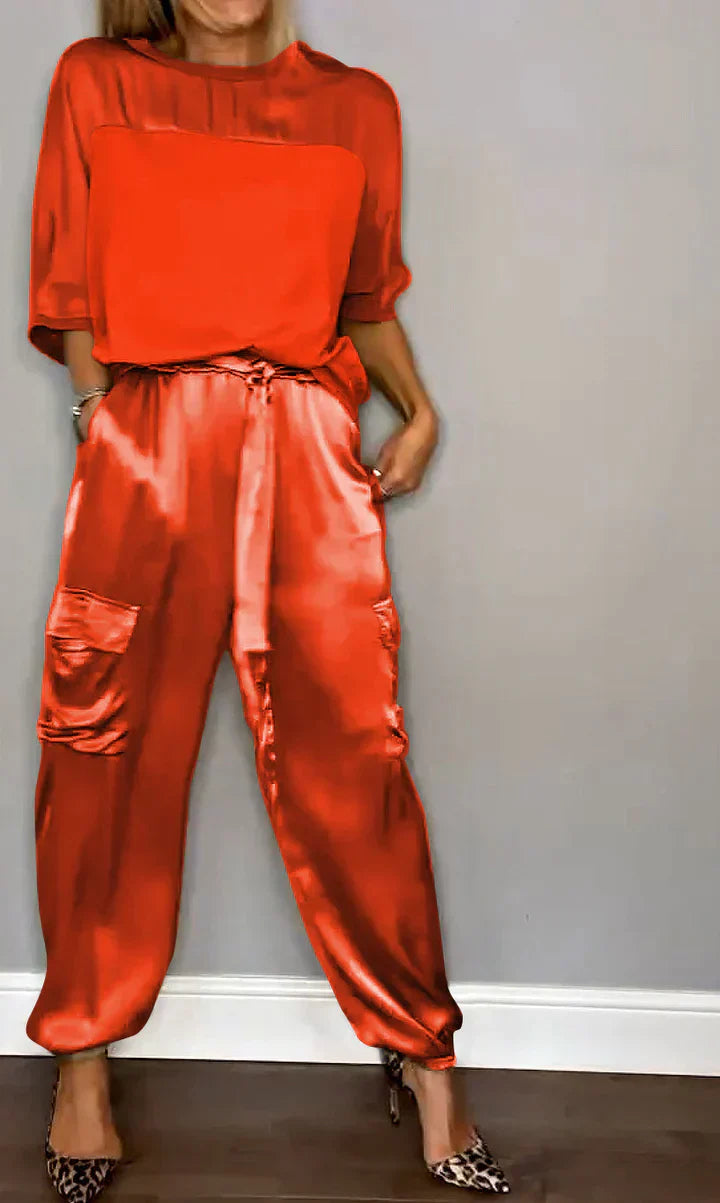 Variant image for Damen-Zweiteiler, Satin, halbe Ärmel, Hose-17