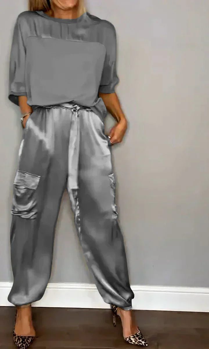 Damen-Zweiteiler, Satin, halbe Ärmel, Hose-5