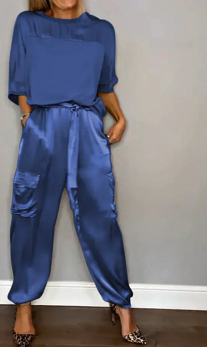 Variant image for Damen-Zweiteiler, Satin, halbe Ärmel, Hose-65